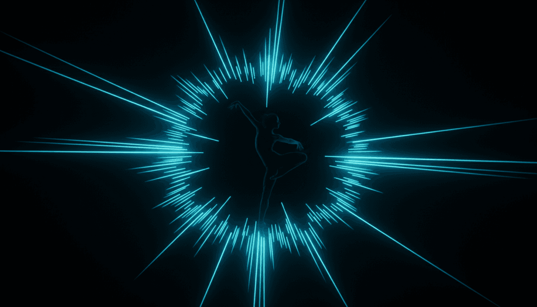 일렉트로닉 리듬과 가사 주제를 반영하는 역동적인 디지털 장면