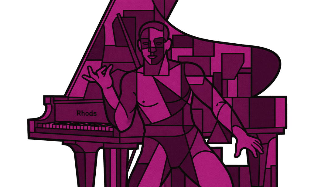 Representação abstrata da IA analisando letras e clima da música com ondas digitais e notas musicais.