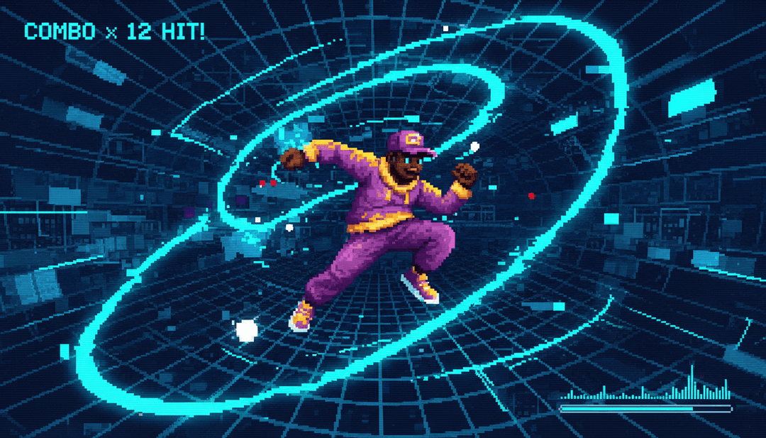 रंगीन रोशनी से जगमगाती रात की जीवंत नगरीय छवि जो गीत की ऊर्जा को दर्शाती है