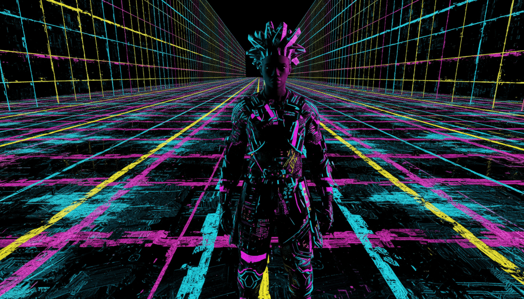 Paisaje urbano abstracto iluminado con neón que refleja el ambiente cyberpunk de Okay (Cyber Racing)