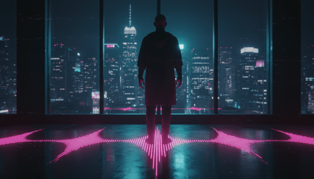 抽象表现一处车站上方的公寓，鲜艳色彩反映音乐氛围