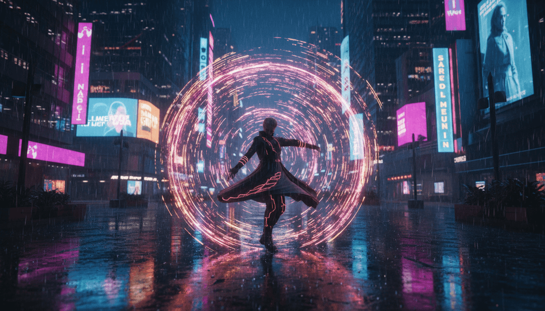 Szene mit nächtlichen Stadtansichten und energiegeladenen Tanzsequenzen, inspiriert von den Songtexten