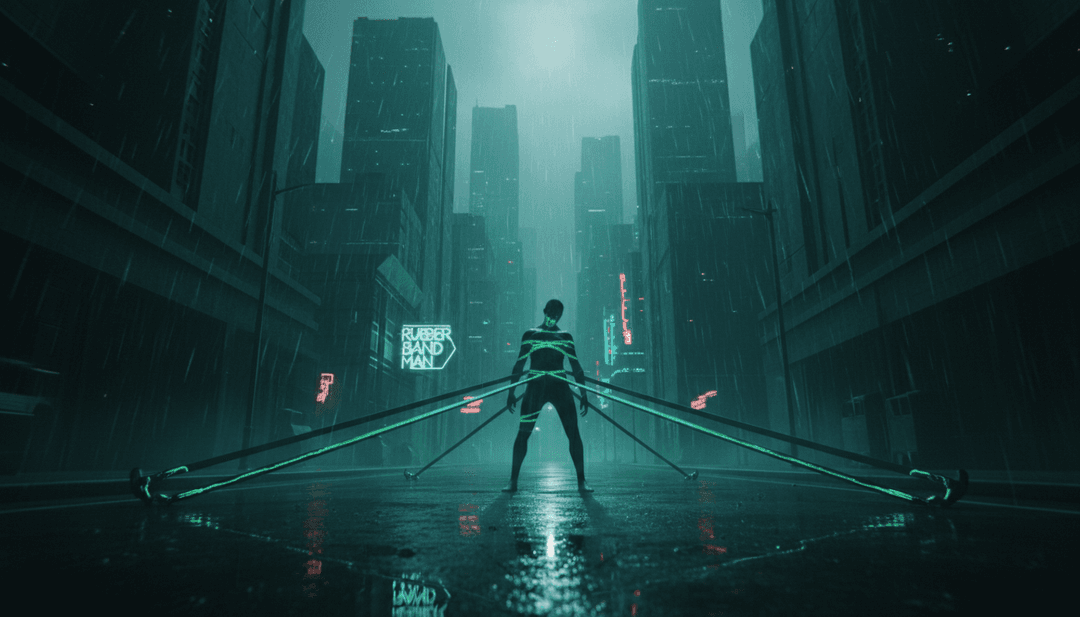 Rubber Band Man के बोलों और लय की भावनात्मक गहराई को दर्शाता एक सारगर्भित कलात्मक दृश्य