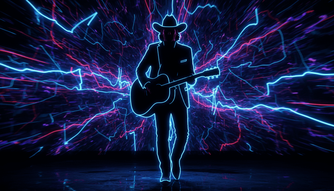 네온 바 시각 효과와 함께 컨트리 록 음악을 해석하는 AI