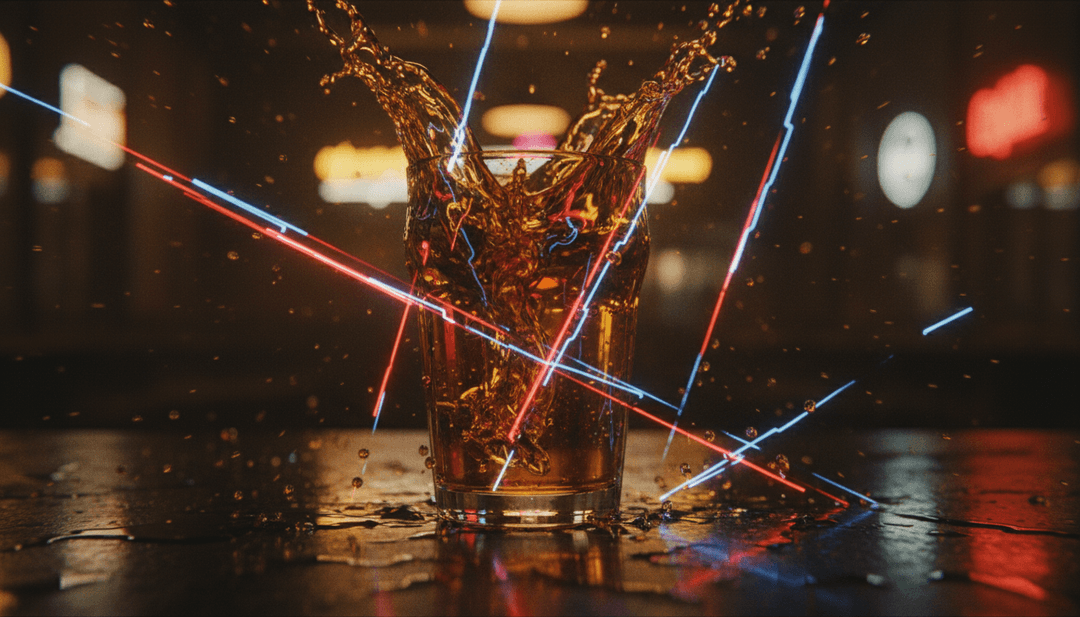 네온 불빛 아래 오래된 바 스툴과 애니메이션 맥주잔