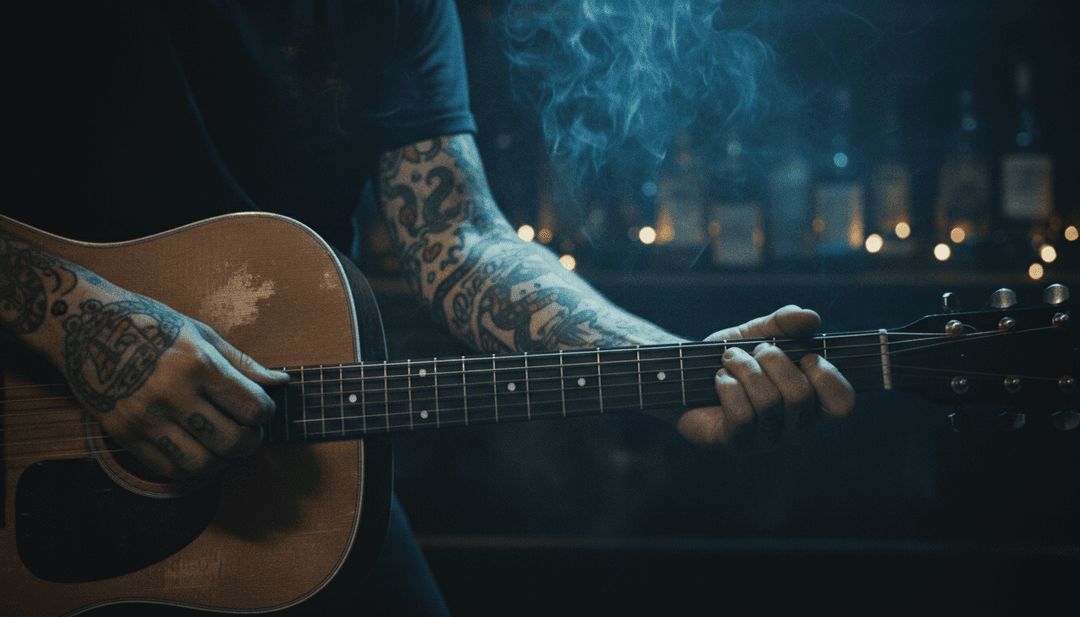 ग्रामीण बनावट और गतिशील गति के साथ कंट्री रॉक रिदम का AI दृश्यांकन