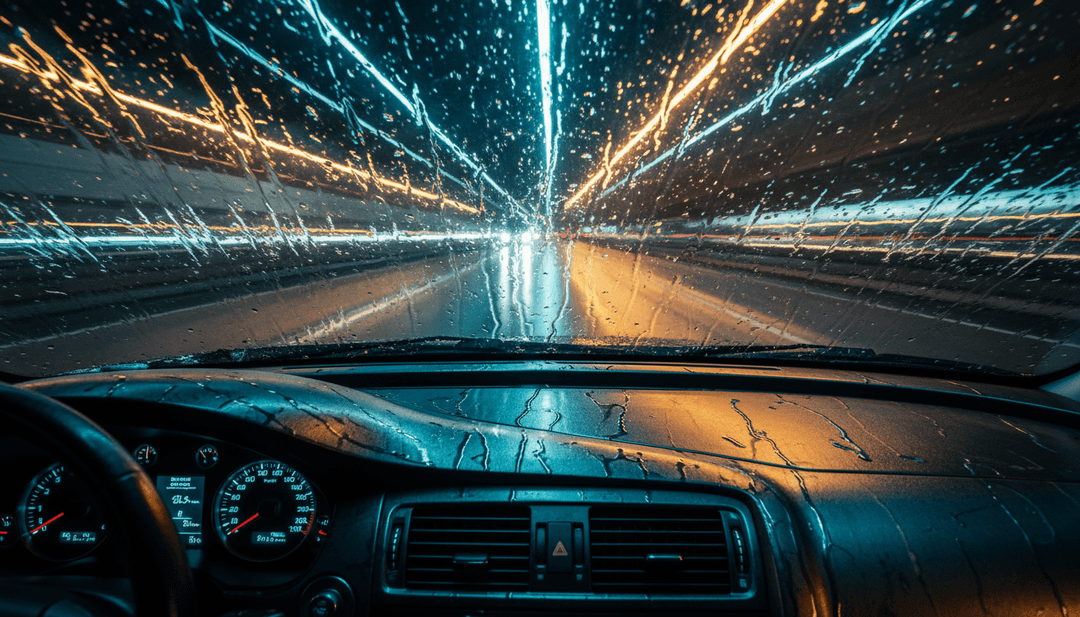 상징적인 위스키 병과 부츠가 흐르는 깊은 강을 묘사한 시각 장면