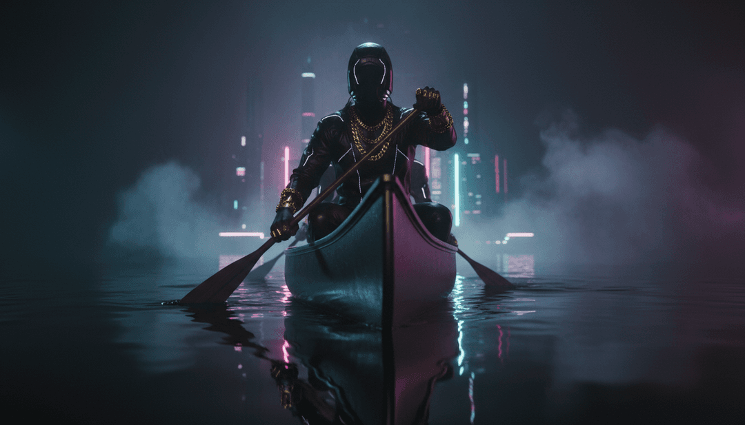 ヒップホップとR&Bの音楽要素を分析するAIの抽象的な視覚表現