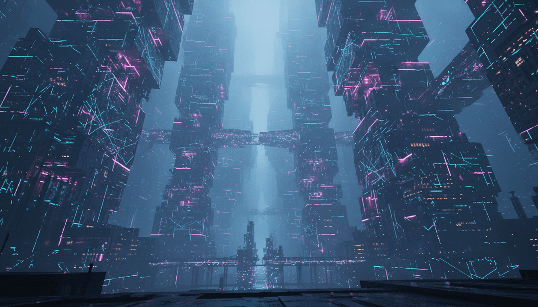 阳光照耀的景观与抽象电子波形动态融合的场景