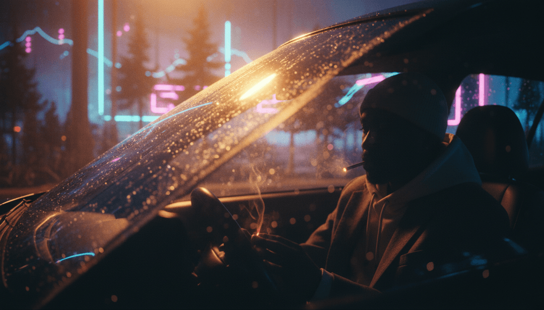 노래의 분위기를 상징하는 소용돌이치는 연기와 리드미컬한 비트의 추상적 시각화