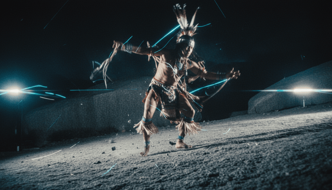 La Loba के बोलों से प्रेरित, तारों भरे आकाश के नीचे काले बालों वाला एक आकृति के साथ एक अंधेरा पर्वतीय दृश्य