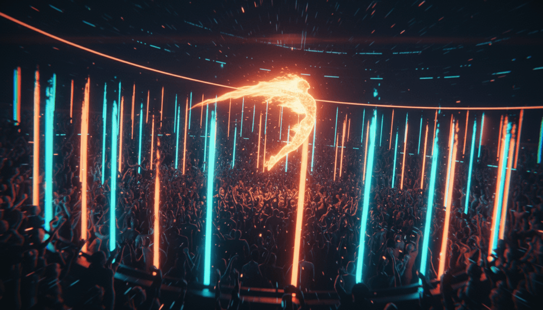 '炎' की लय के साथ तालमेल बिठाते चमकते अंगारों और गतिशील प्रकाश तरंगों के जीवंत दृश्य।