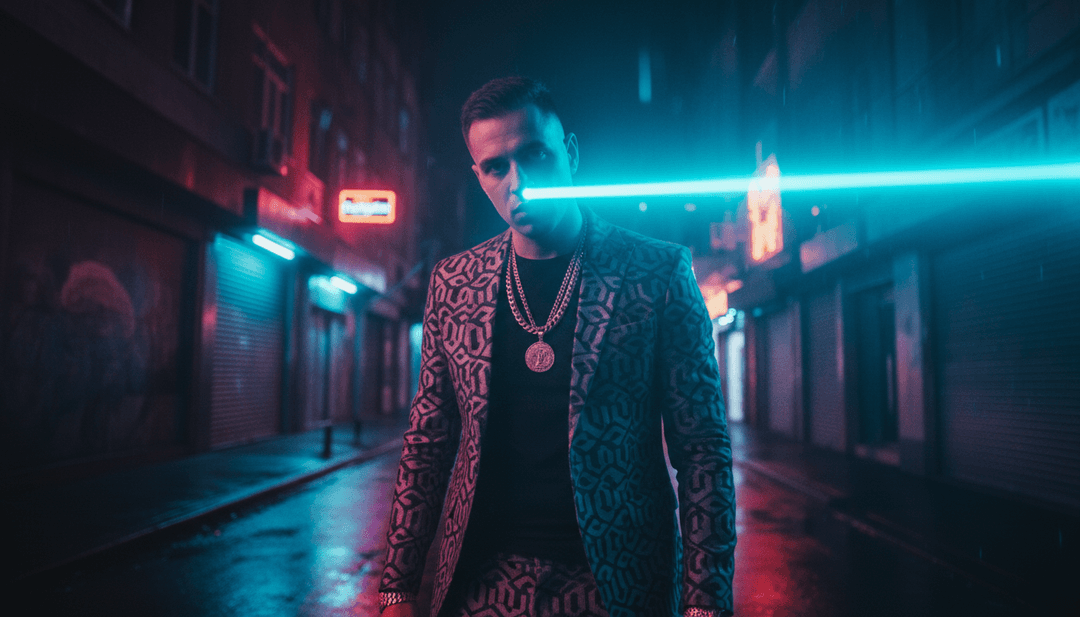 Visuali dinamiche di paesaggi urbani e luci al neon blu che riflettono i temi della canzone