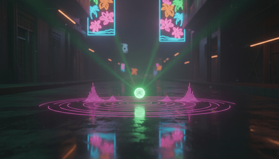 Visualizzazione astratta di ritmi vibranti dancehall e tropical house che si fondono con atmosfere pop