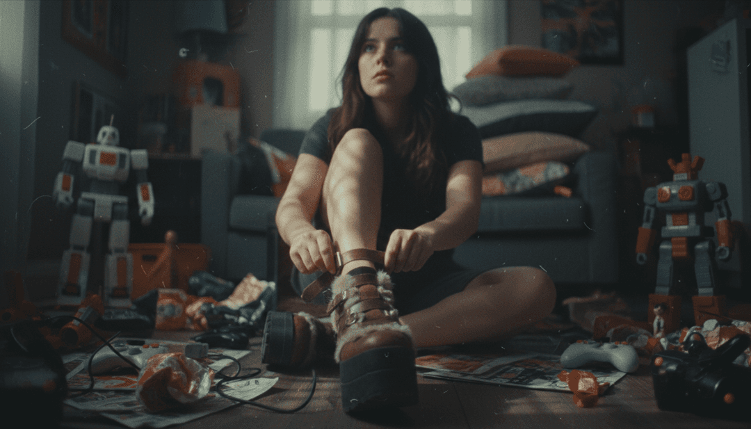 抽象數位藝術，描繪受 'Manchild' 歌詞啟發的青春活力與情感複雜性。