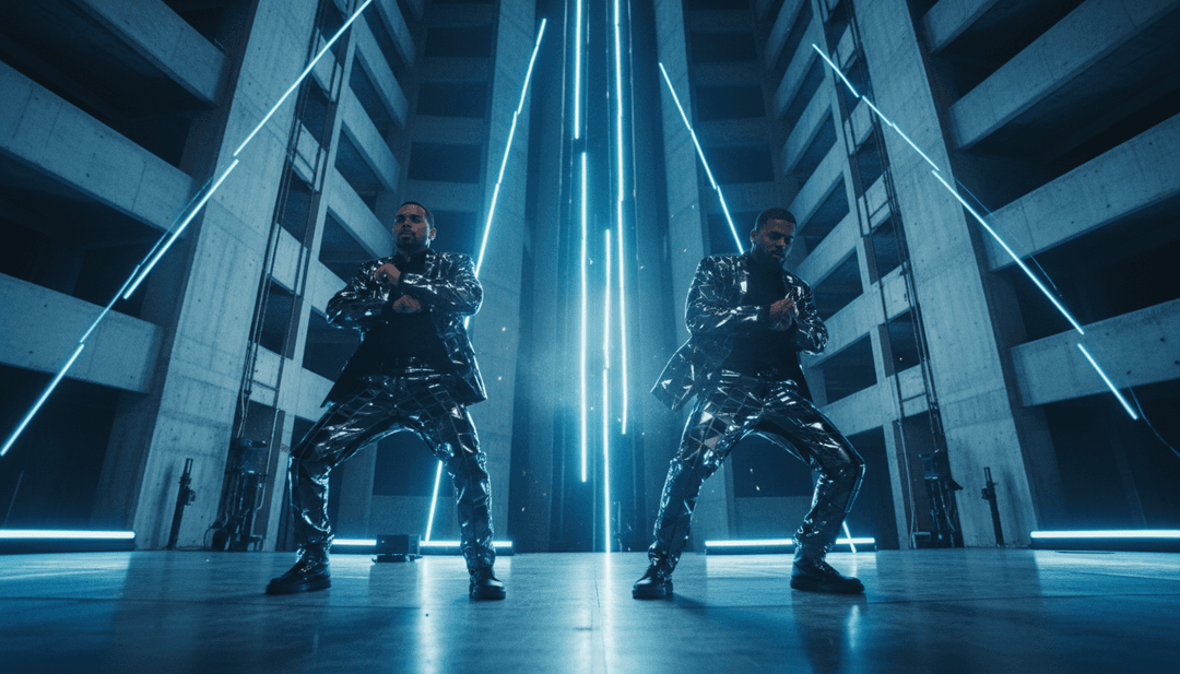 Cena dinâmica da IA criando visuais vibrantes de vídeo musical inspirados nas letras e batidas da música