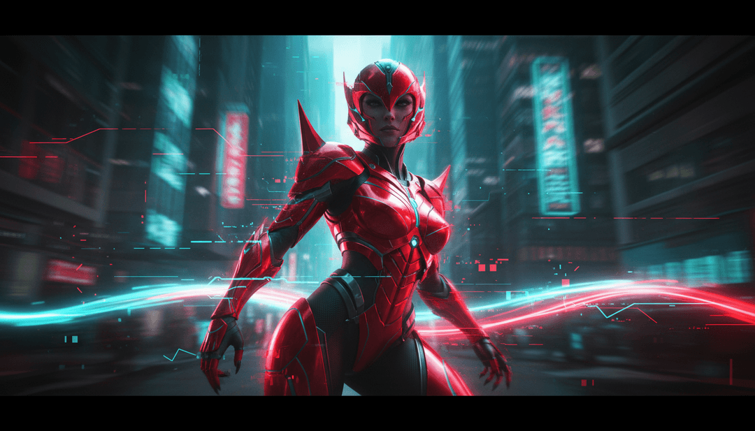 랩 비트와 멜로딕 플로우에서 영감을 받은 활기찬 장면, 도시적이고 미래지향적인 테마를 보여줌