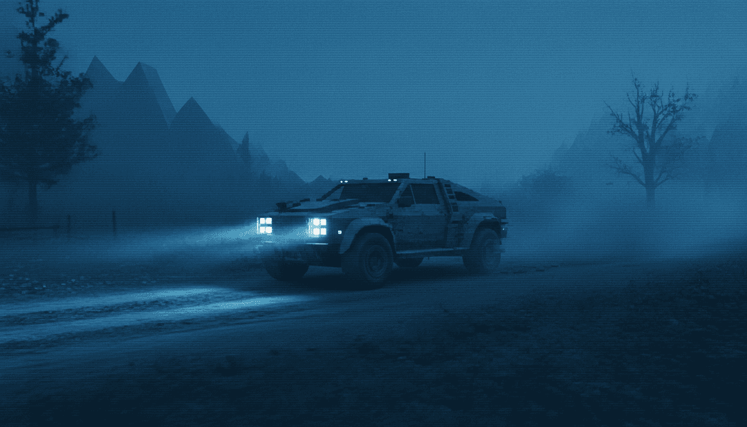 गीत के बोल से प्रेरित शाम के समय एक रिडजलाइन पर चलती Chevy ट्रक का दृश्य