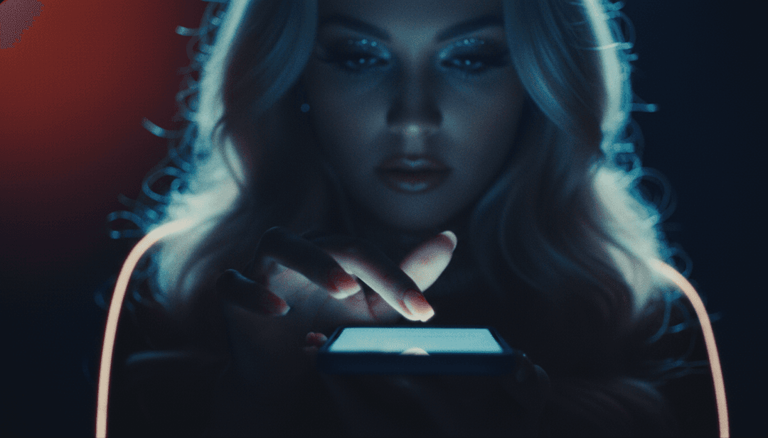 नियोन लाइट्स और गतिशील आकृतियों के साथ जीवंत डांस-पॉप ऊर्जा का सारगर्भित चित्रण