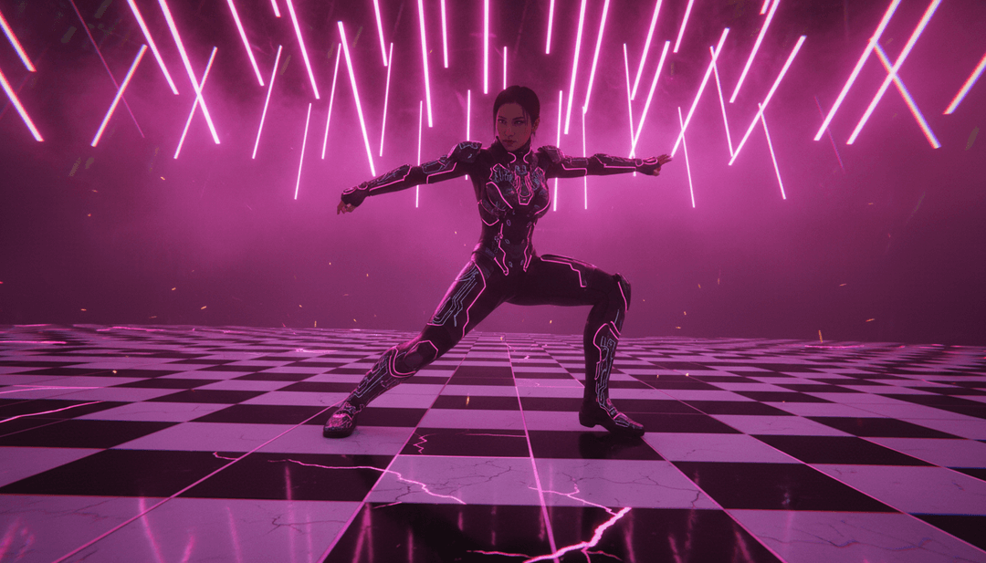 Representação visual de passos de dança e efeitos neon sincronizados com batidas musicais