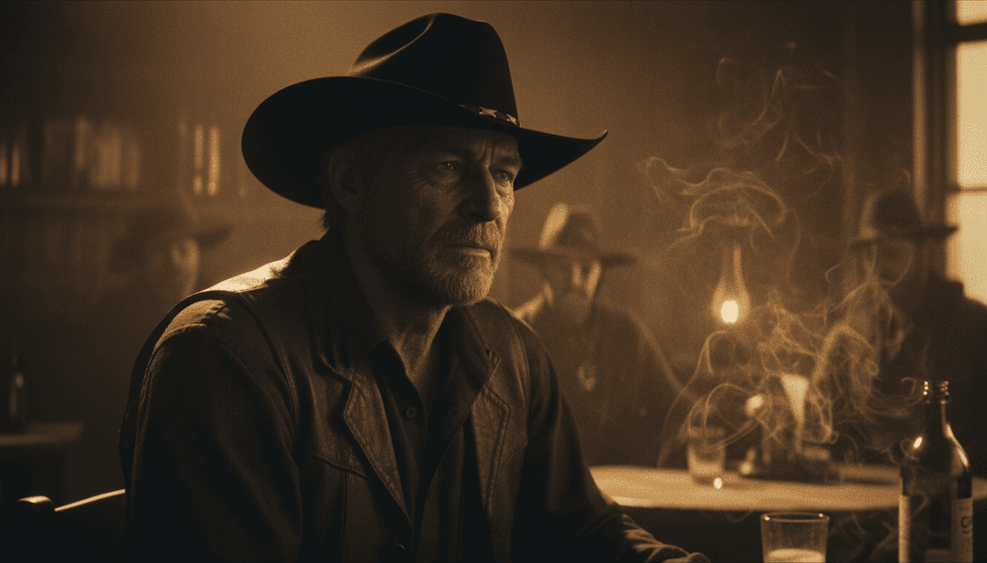 Illustration eines nachdenklichen Cowboys, der bei Sonnenuntergang über einen Abschied reflektiert