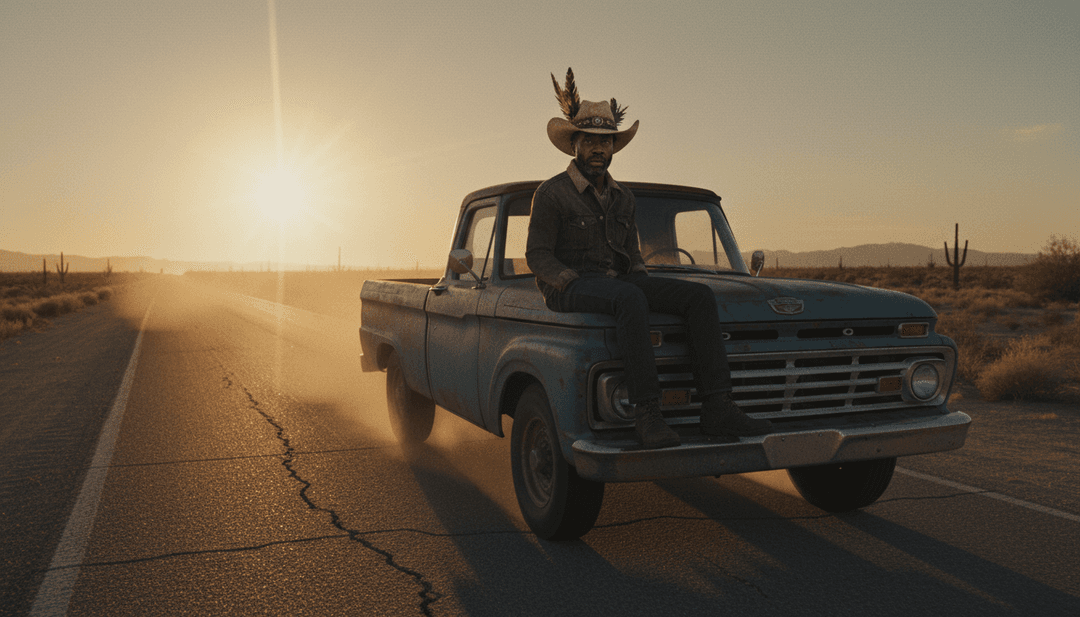 धूल भरे चांदी के मूर्ति और डैशबोर्ड पर पैर रखे हुए ड्राइविंग करते आदमी का सिनेमाई दृश्य