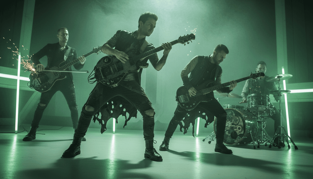 場景展示動畫霓虹燈與破碎喇叭，象徵歌曲的前衛與充滿活力氛圍