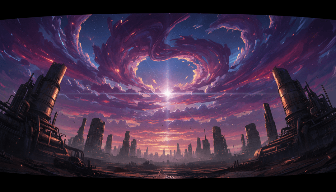 इलेक्ट्रॉनिक बीट्स के मिश्रण के साथ बदलते आसमान और चमकती प्रकाश प्रभावों को दर्शाते गतिशील दृश्य