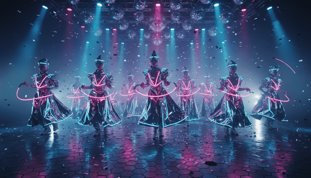 Scene colorate di pista da ballo con illuminazione dinamica e grafiche fluide sincronizzate con i battiti musicali