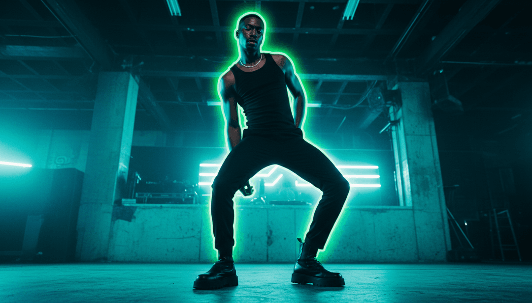 गाने की तेज़ और गतिशील लय को दर्शाते हुए ग्लिच प्रभाव और भविष्यवादी शहर के जीवंत दृश्य।