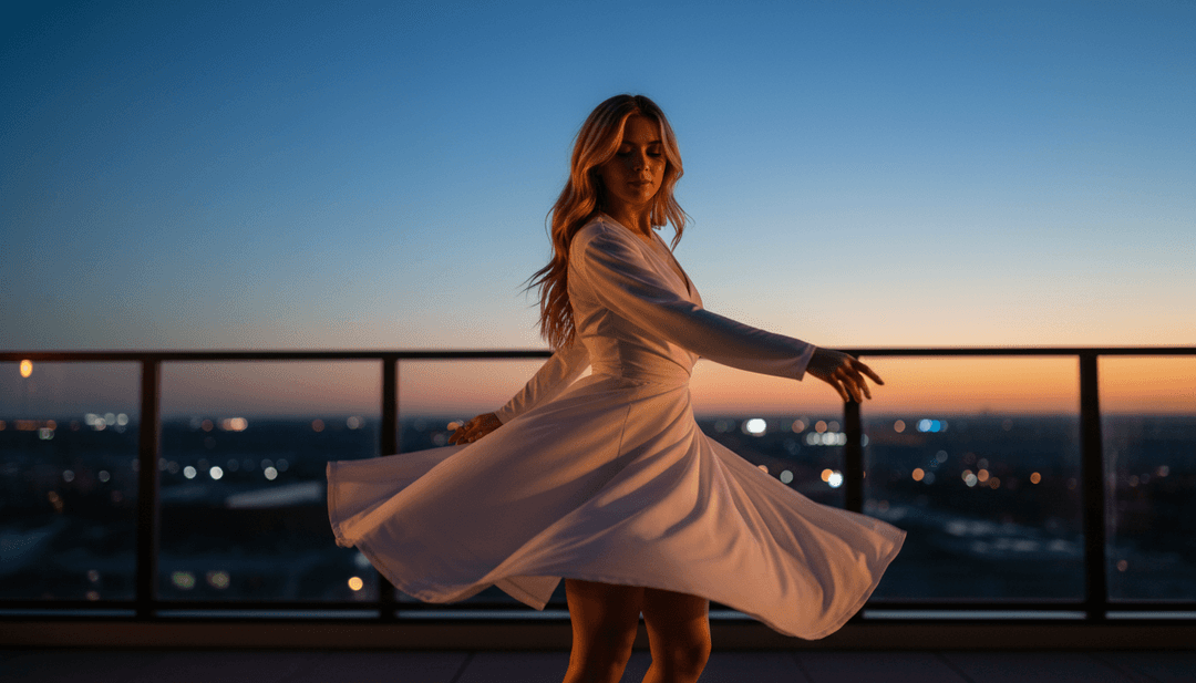 Scene dinamiche di città illuminate di blu e momenti intimi che riflettono il ritmo della canzone