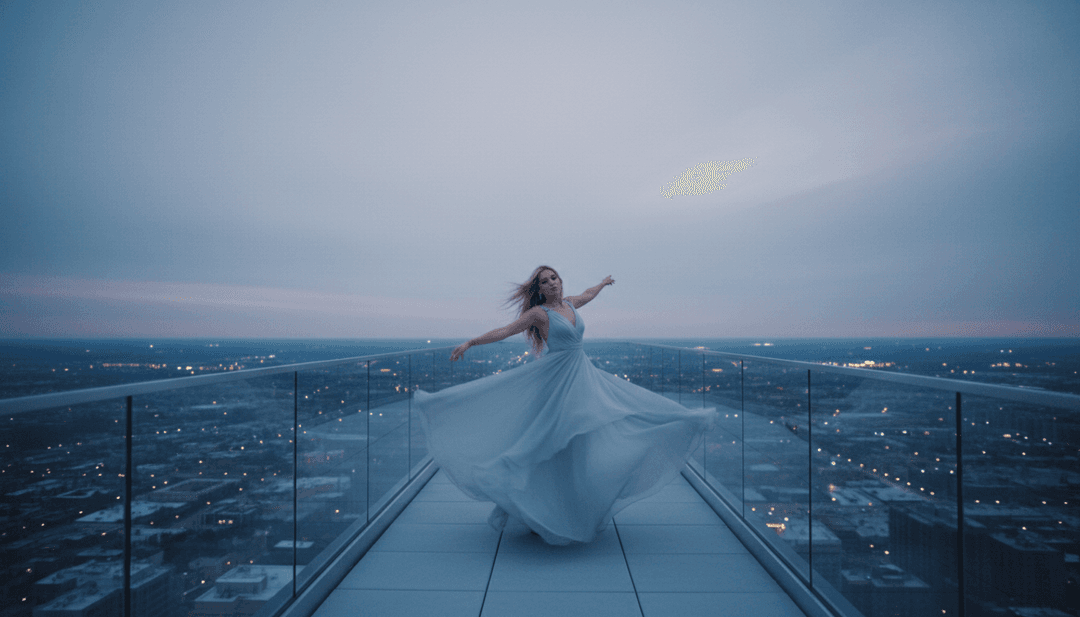 Scena finale del video musicale generato dall’AI con il titolo della canzone di Ashley Cooke e immagini artistiche blu