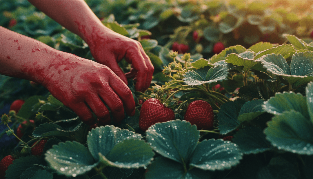 दालचीनी रंगों और गुलाबी बालों की छवियों को मिलाते हुए गतिशील दृश्य जो Strawberry के गीतात्मक विषयों को दर्शाते हैं