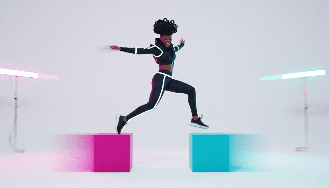 Cena vibrante de um dançarino fazendo cambalhotas em uma pista de dança eletrônica iluminada por neon, refletindo o clima da música