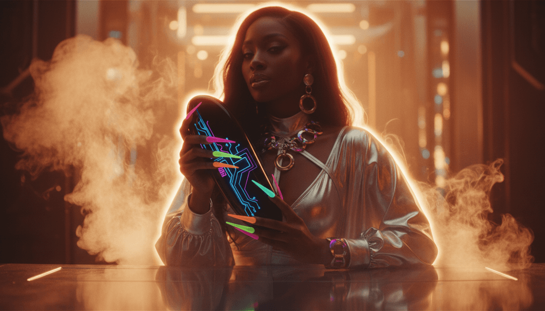 Retail Therapy की इलेक्ट्रॉनिक डांस वाइब का प्रतिनिधित्व करता सार डिजिटल कला