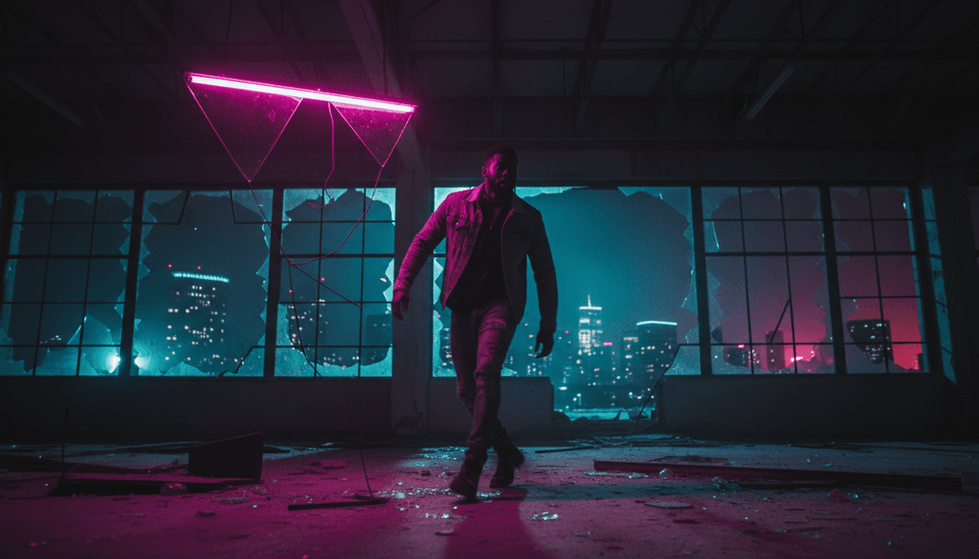 음악과 동기화된 활기찬 도시 풍경과 영적인 빛줄기를 보여주는 역동적 장면