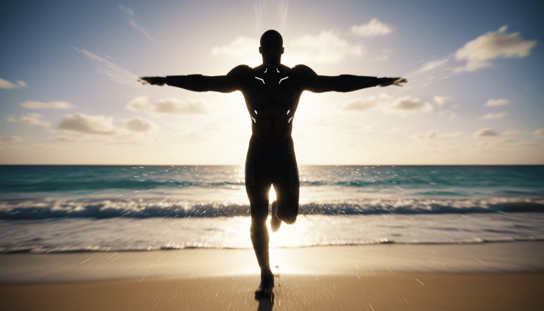 光のビームと穏やかな風景がアニメーションのゴスペルクワイヤ映像と融合した鮮やかなシーン。