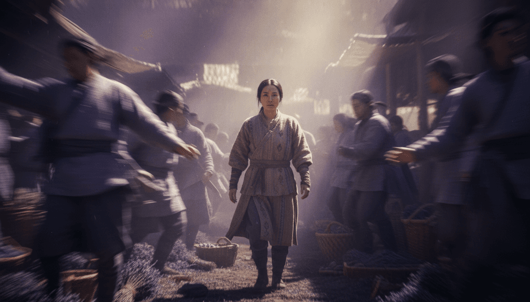 चाँदनी के नीचे एक बगीचे और हवा में नाचते कपड़ों के दृश्य