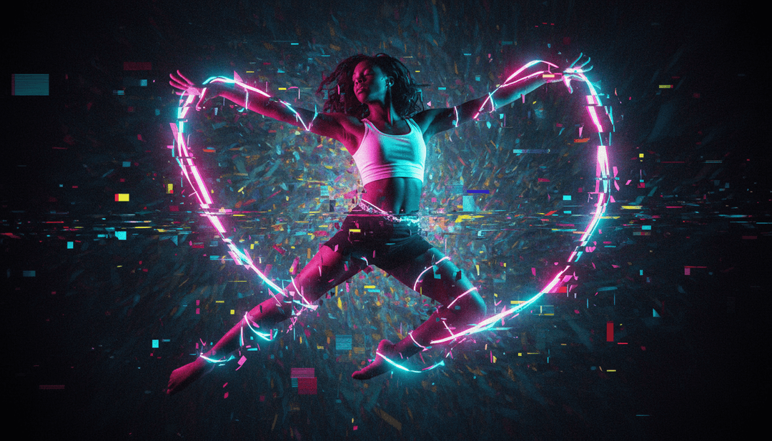 Escenas coloridas de fiestas animadas y multitudes radiantes bailando bajo luces de neón inspiradas en el ánimo energético de la canción.