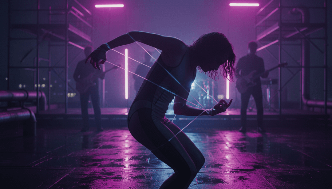 노래 리듬에 맞춰 춤추는 빛과 흐르는 음악 노트의 역동적인 장면