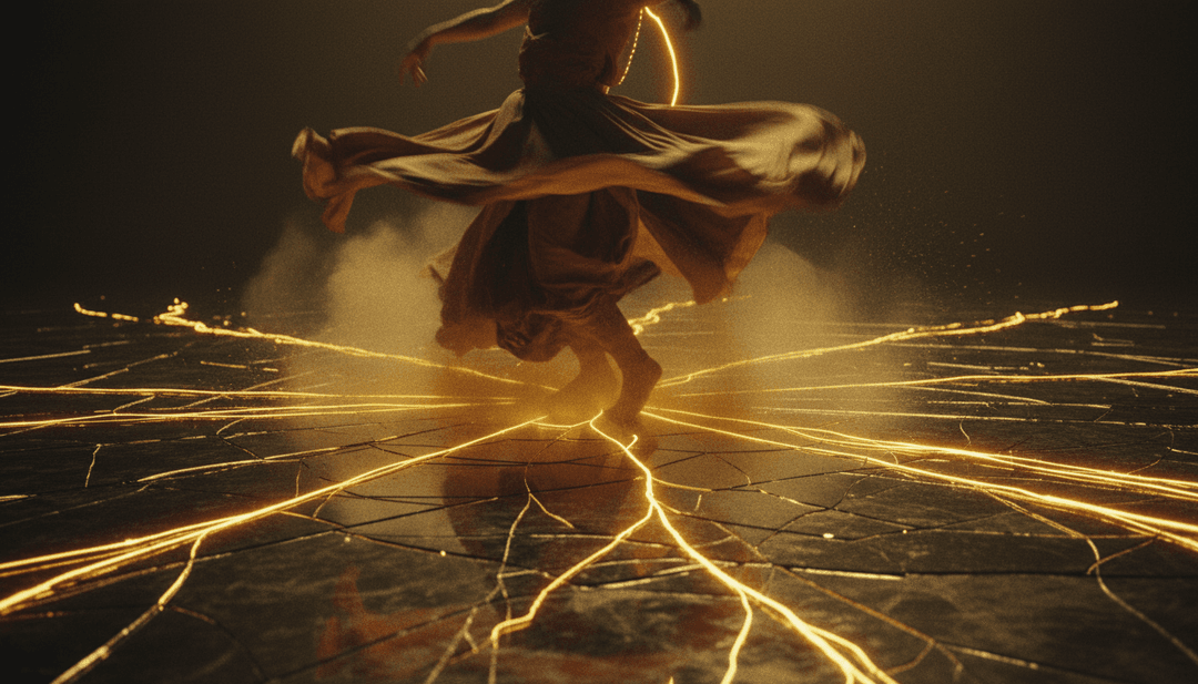 गीत के गिटार लयों और वोकल हार्मनी से प्रेरित कलात्मक दृश्य