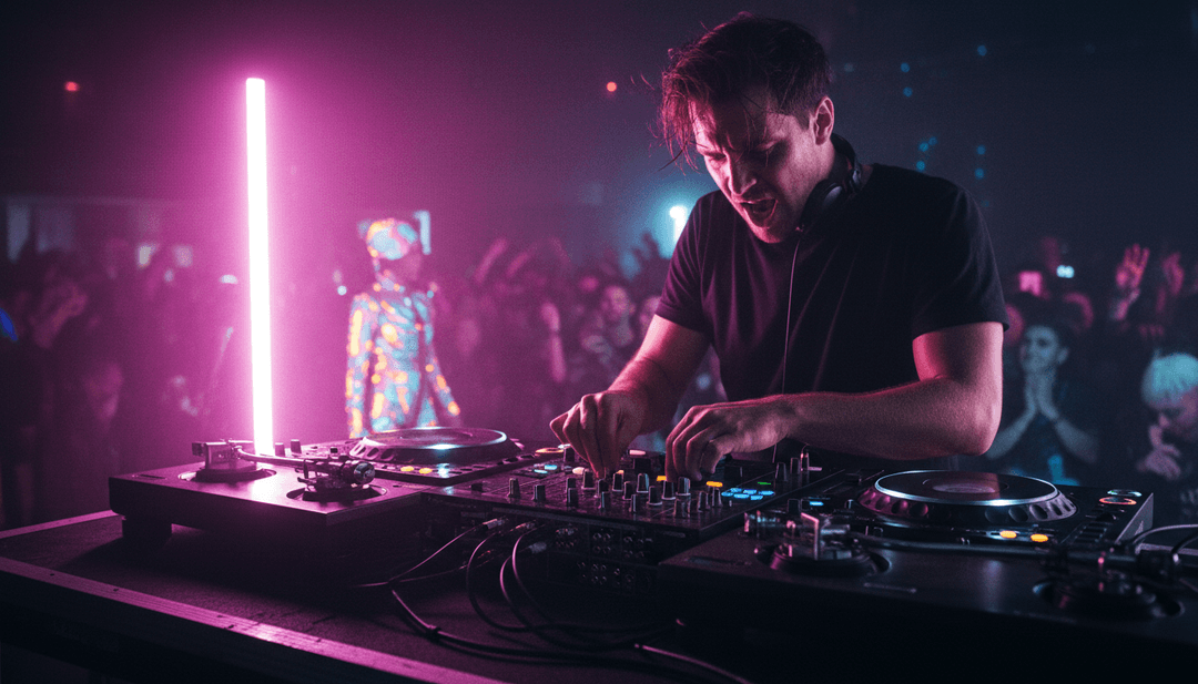 Un paesaggio urbano futuristico illuminato da luci al neon sincronizzate con i battiti musicali.