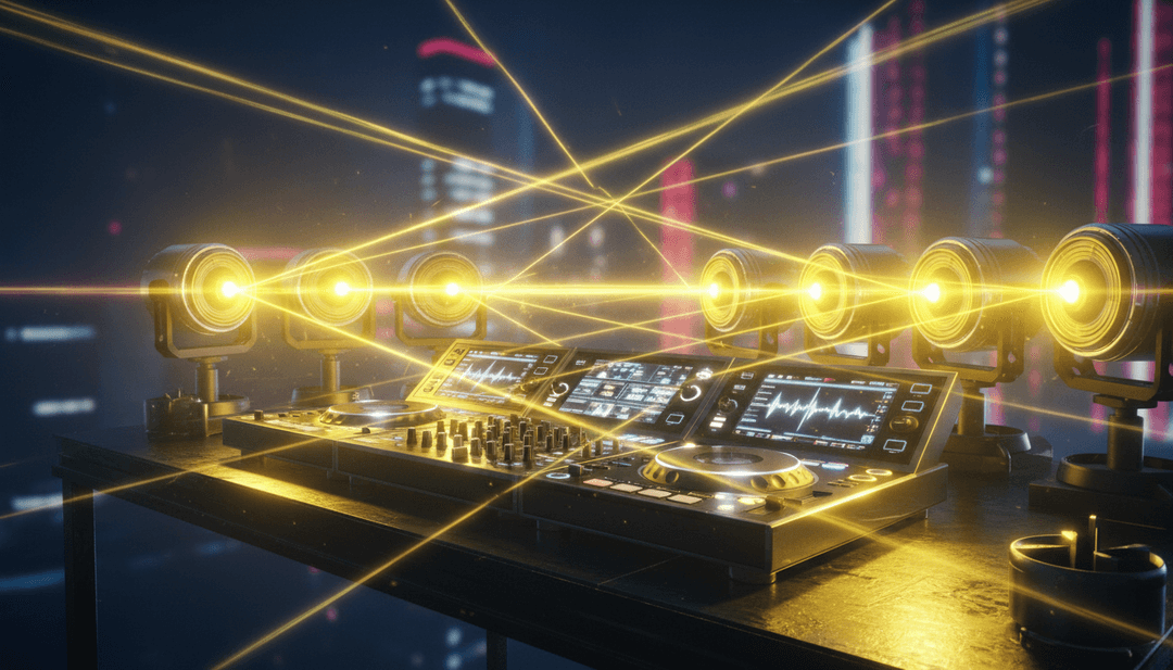 Scène montrant une piste de danse numérique avec des lumières néon synchronisées au rythme de la chanson et des paroles apparaissant dynamiquement.