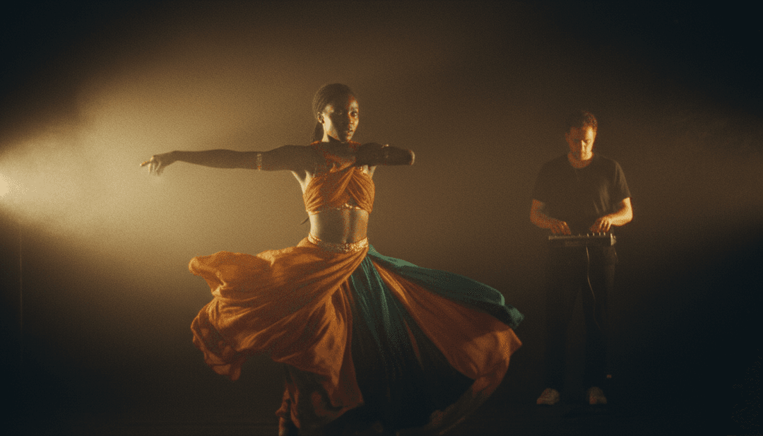 इलेक्ट्रॉनिक ध्वनि तरंगों और डांस बीट्स का सारांश, जो AI न्यूरल पैटर्न के साथ मिश्रित हैं।