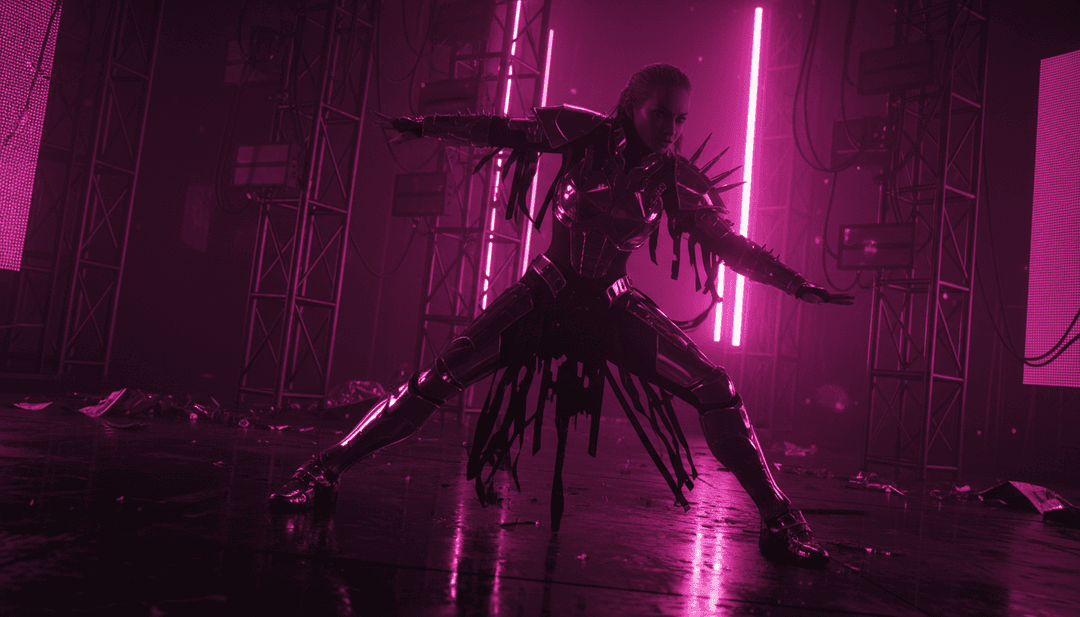 Cenas dinâmicas de luzes neon vibrantes e efeitos digitais representando a energia de Disease