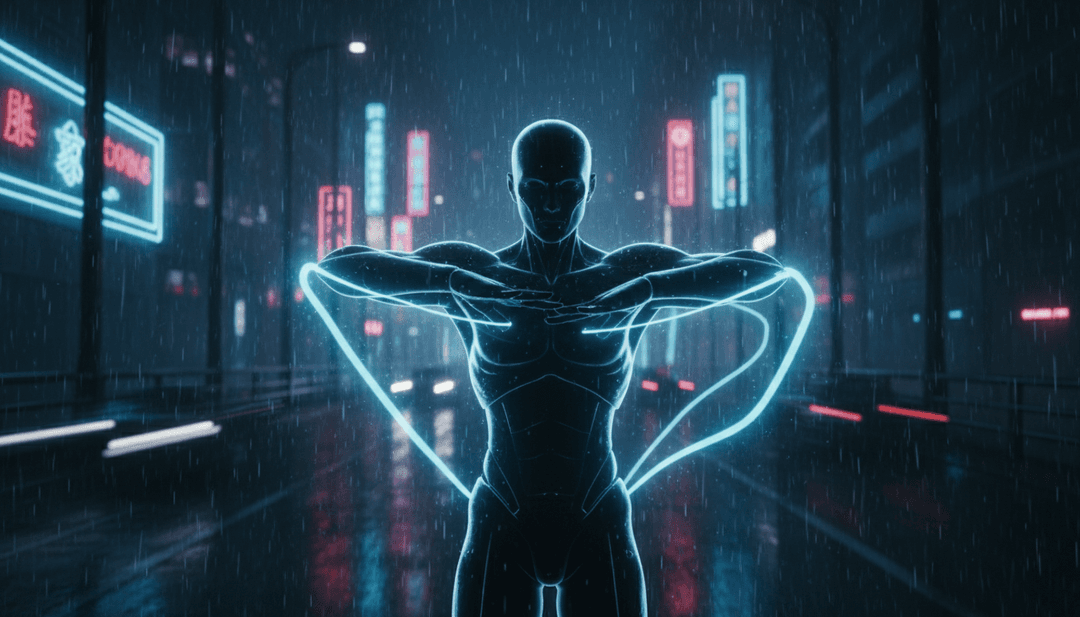 전자 음악 리듬에 맞춰 빛이 맥동하는 미래 도시 풍경