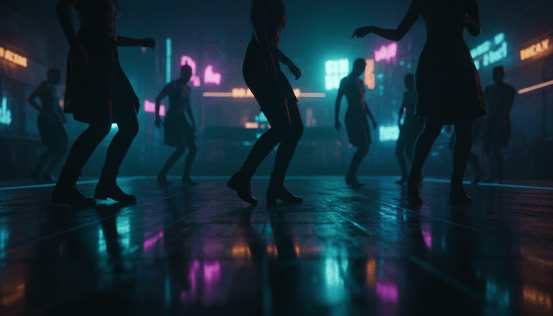 Visualizzazione astratta di beat dance elettronici sincronizzati con testi vibranti