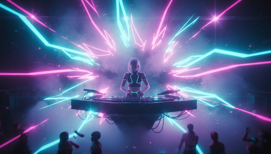 Scene dinamiche con luci al neon, pattern ritmici e animazioni da pista da ballo