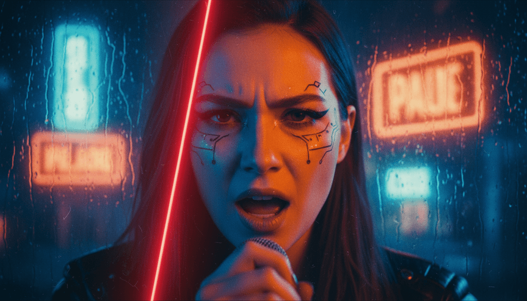 Um artista usando o freebeat.ai em um laptop, cercado por visuais musicais vibrantes inspirados na música.