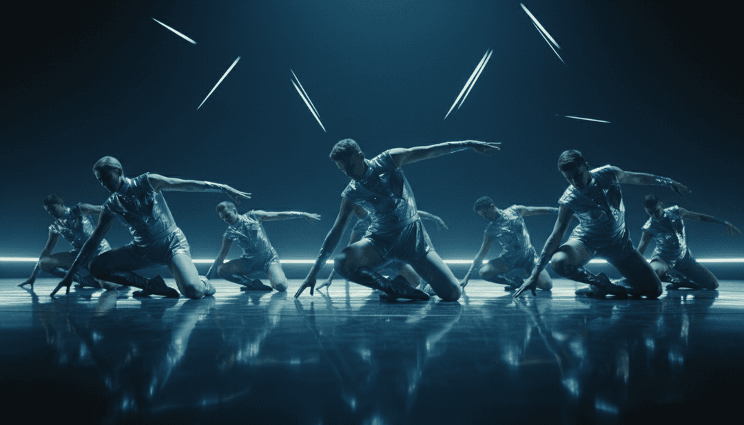 गीत के खुलते धागे और सर्कस थीम का सार दर्शाने वाला अमूर्त डिजिटल कला